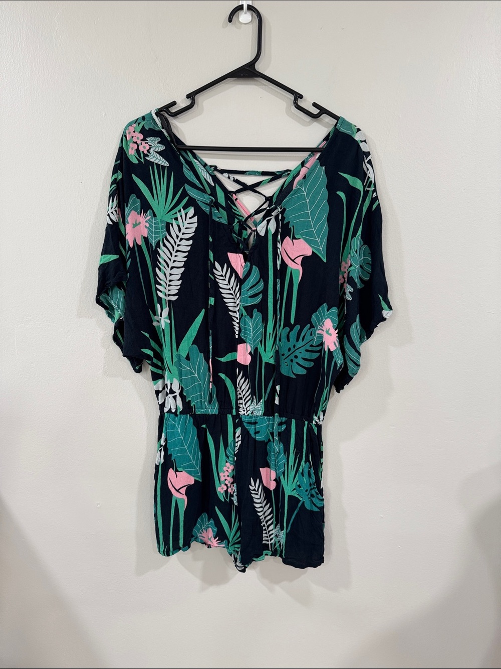 Fighting Eel Ava Sky Women’s Black Tropical Print Hawaiian Romper